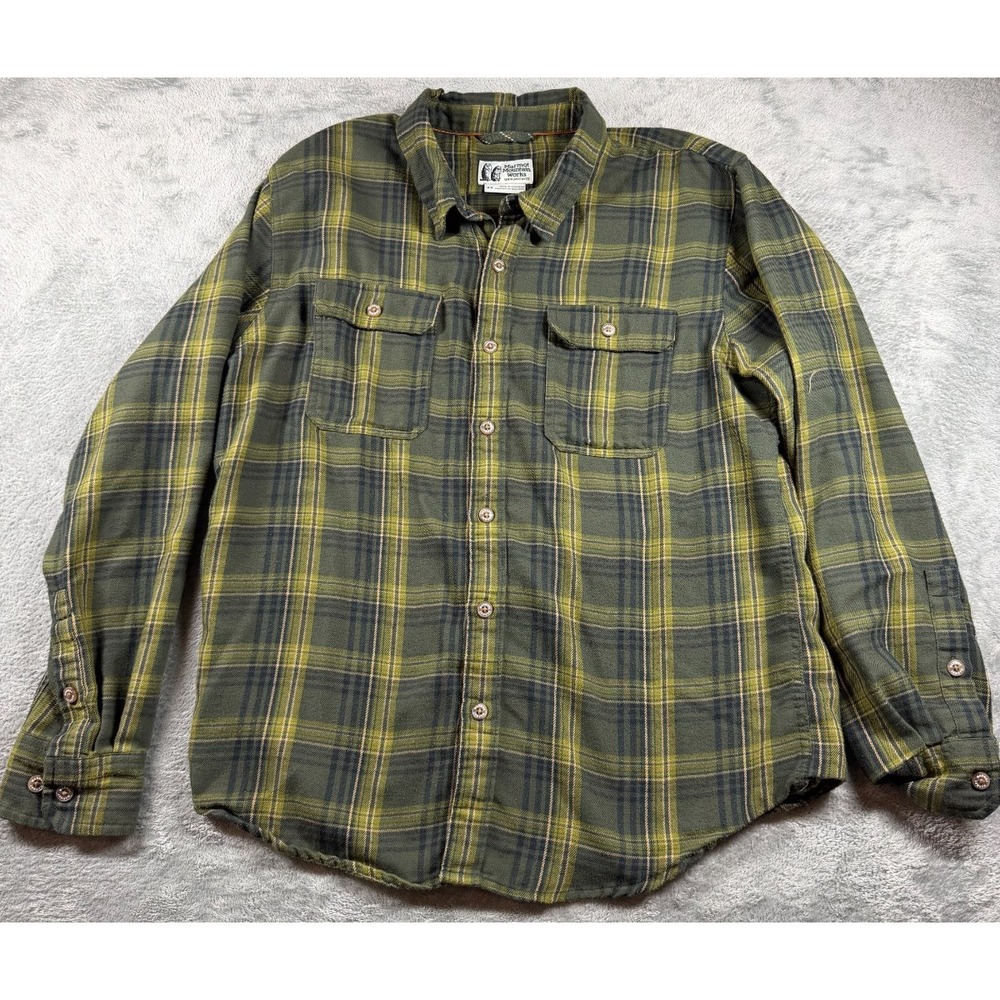 Marmot Mountain Works Plaid Flannel Shirt Mens M Green Outdoor Hiking